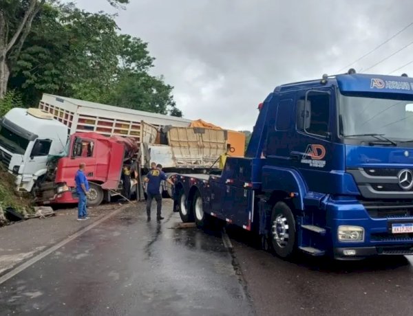 Acidente entre caminhões provoca interdição da BR-324 em Conceição do Jacuípe, sentido Feira